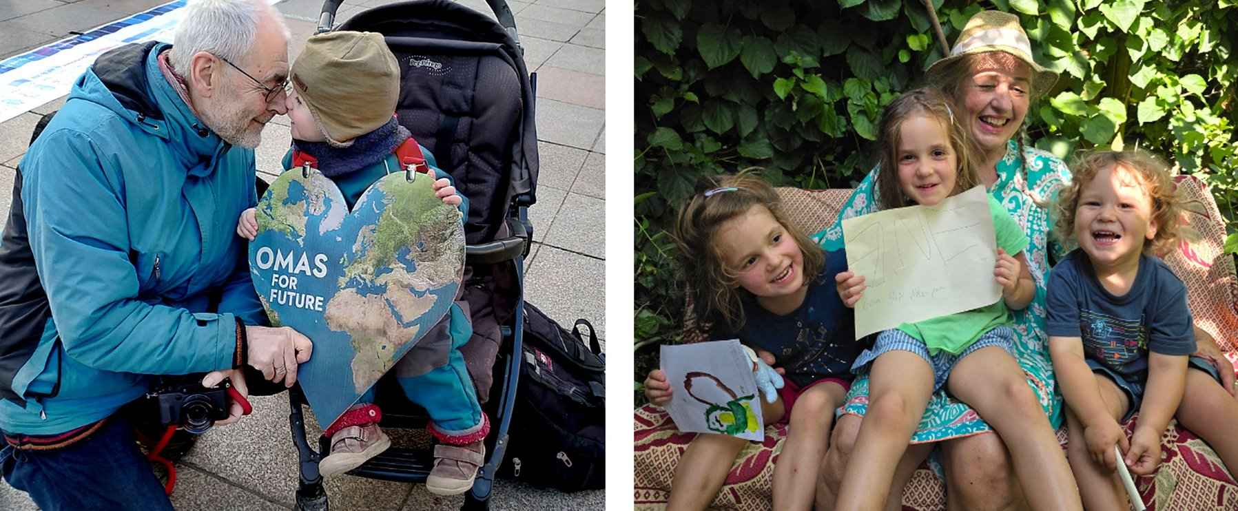 Erstest Bild: Ein älterer Herr und sein Enkelkind halten zusammen ein Herz mit dem Omas for Future-Logo. Zweites Bild: eine ältere Frau sitzt zwischen ihren 3 Enkel*innen und lacht.