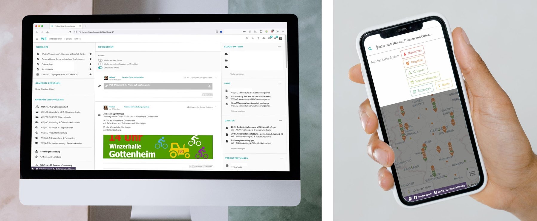 Computer und Smartphone zeigen unterschiedliche Ansichten der Benutzeroberfläche einer App, auf der Benachrichtigungen, Benutzerbewertungen und eine Karte mit Standorten angezeigt werden.