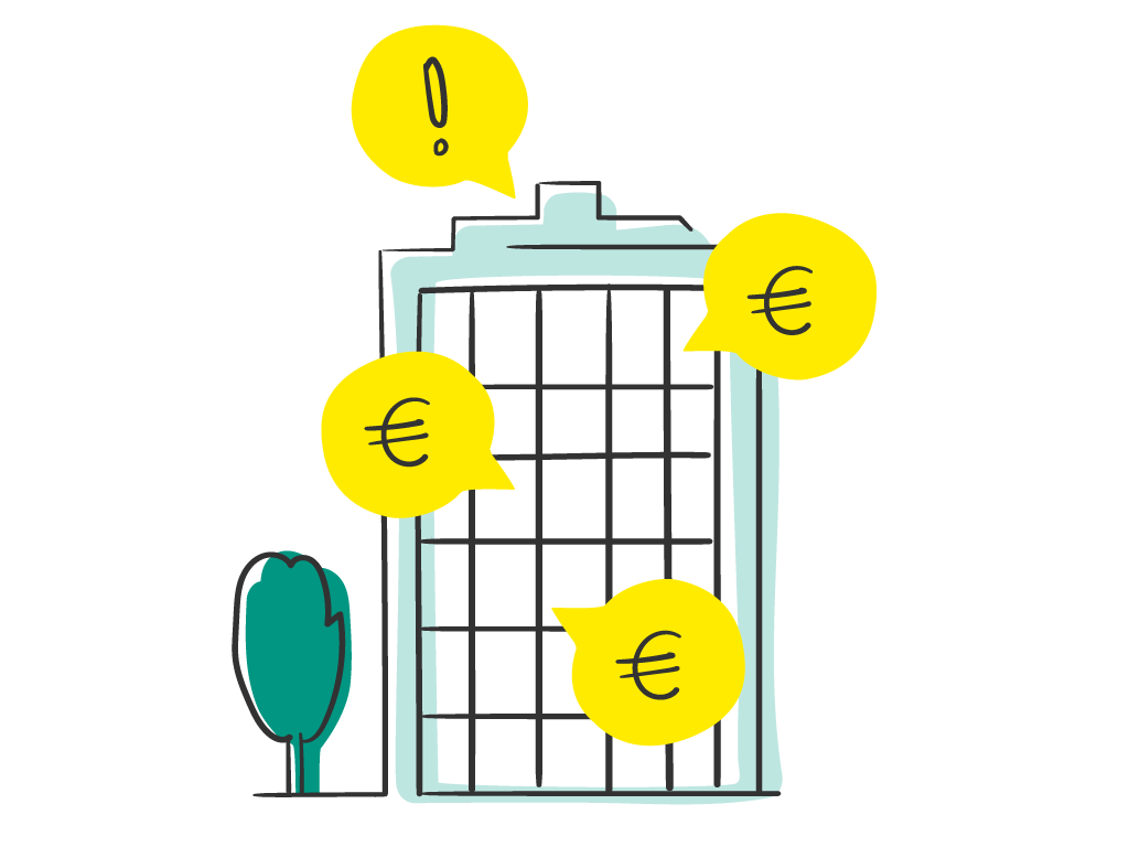 Unternehmensgebäude, aus dessen Fenstern Sprechblasen mit Euro-Zeichen kommen