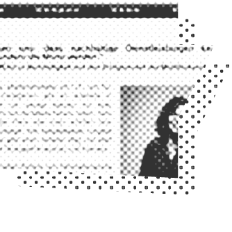 Ein pixeliges Schwarzweißbild einer Website oder eines Dokuments mit verschwommenem Text und einem kleinen, undeutlichen Porträt einer Person auf der rechten Seite.