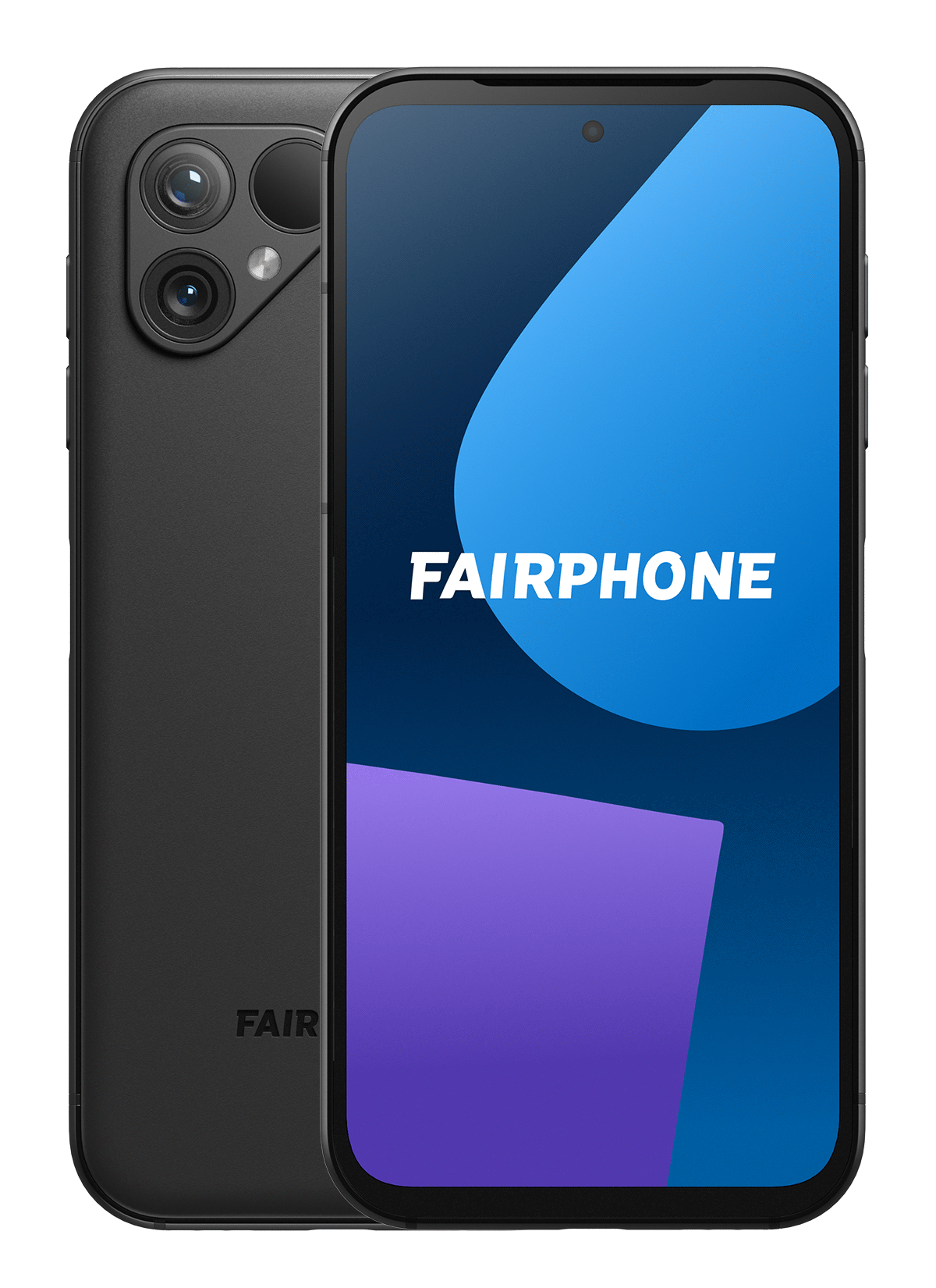 Produktbild des Fairphone 5 mit /e/OS in schwarz, von vorne und hinten sich überlappend abgebildet