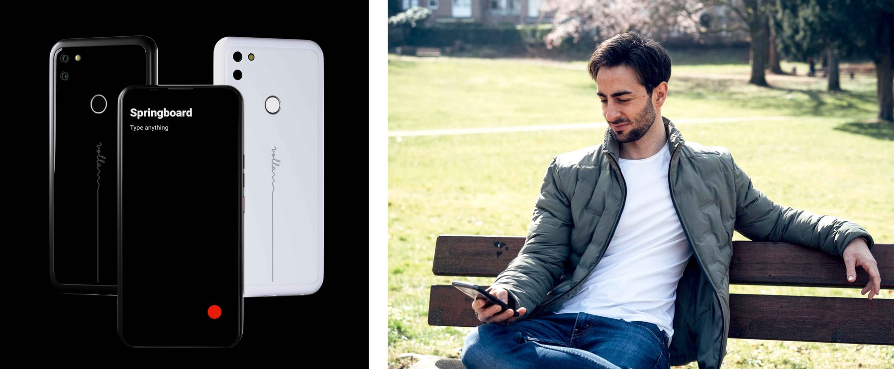 Ein Mann in einer grünen Jacke sitzt auf einer Parkbank und schaut auf sein Smartphone. Links sind zwei Smartphones zu sehen, die vor einem schwarzen Hintergrund ihre Vorder- und Rückseite zeigen.