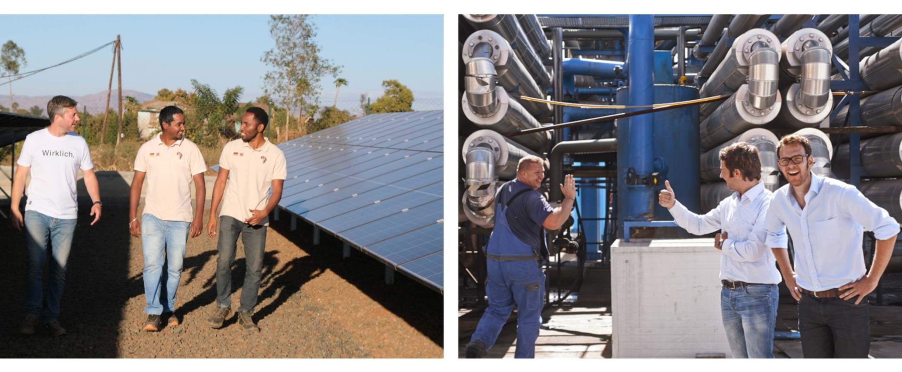 Links: Drei Männer gehen an Solarmodulen vorbei. Rechts: Vier Männer stehen neben Industrierohren und Maschinen.