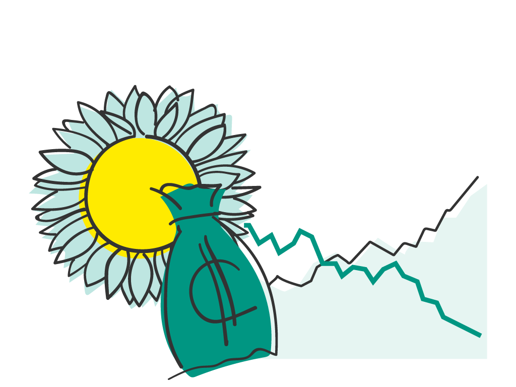 Illustration einer Sonnenblume und eines Geldbeutels vor einem schwankenden Finanzdiagramm.