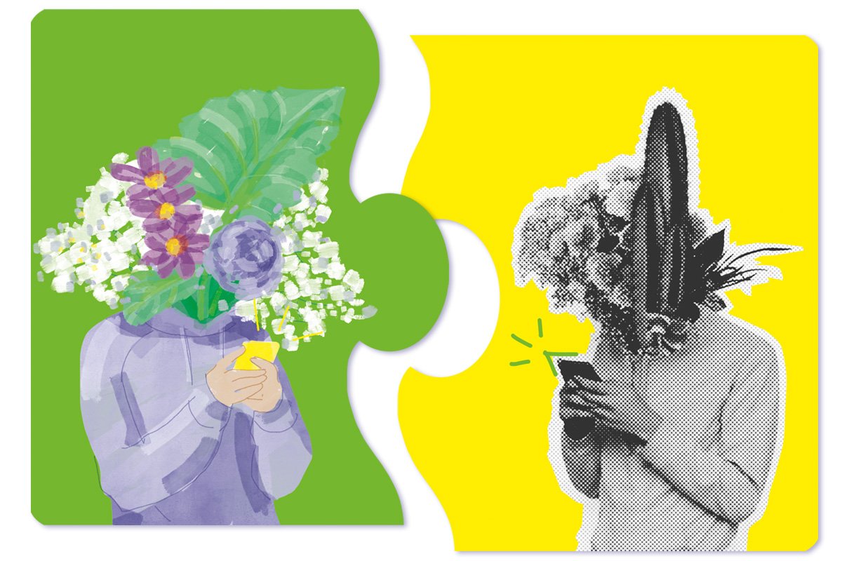 Auf zwei illustrierten Puzzleteilen sind Menschen zu sehen, die Smartphones halten und deren Köpfe von Blumen und Pflanzen verdeckt werden. Der Hintergrund ist grün und gelb.
