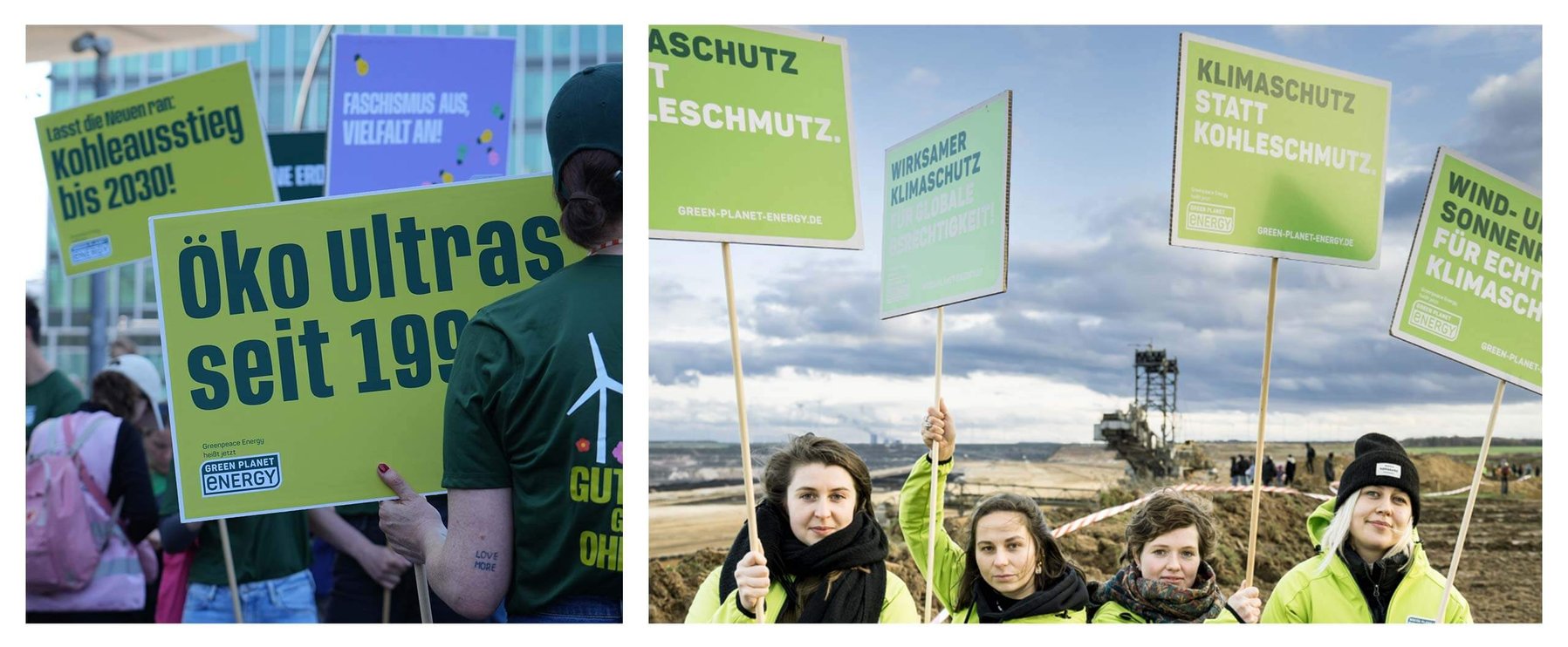Demonstranten halten Schilder mit der Forderung nach Maßnahmen zum Klimaschutz und zur Energiewende hoch, auf denen Slogans wie „Klimaschutz statt Kohleschutz“ stehen.