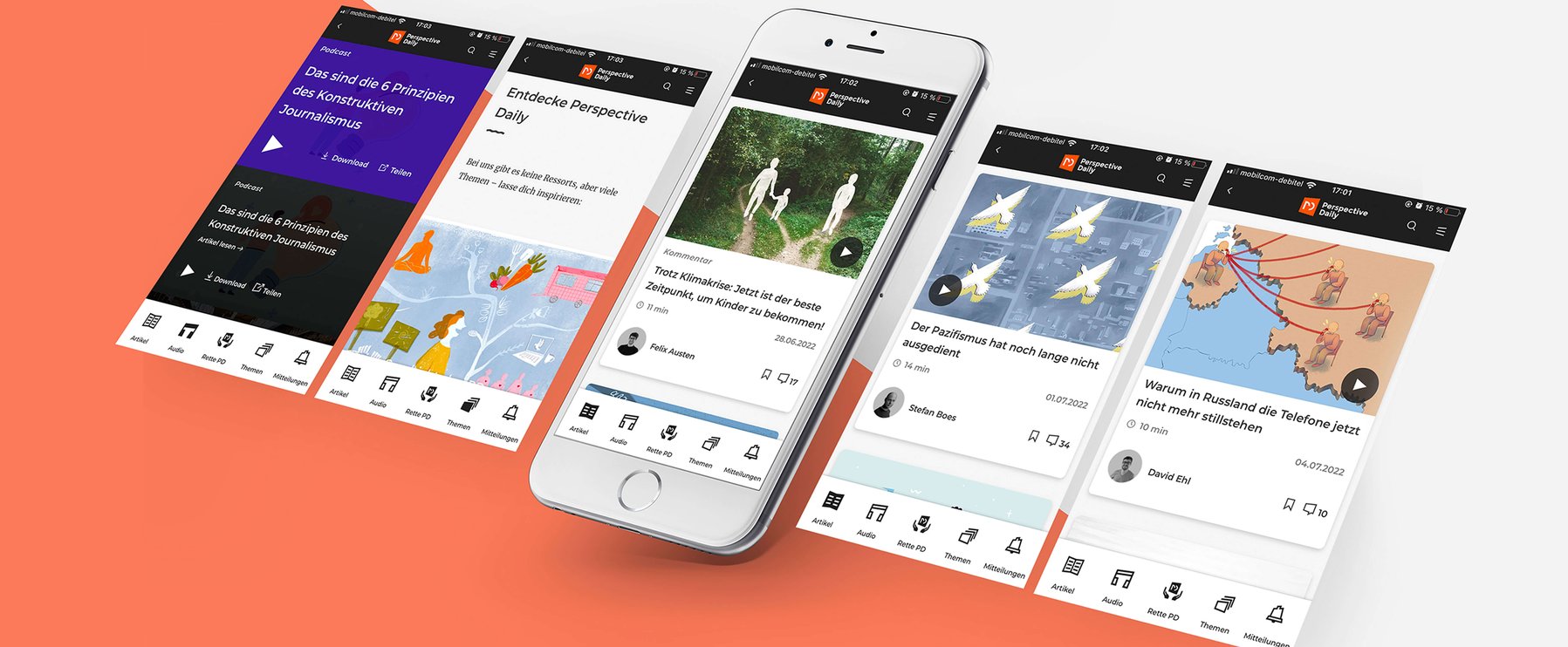 Um ein Smartphone herum, auf dem die Perspective-Daily-App angezeigt wird, sind fünf Screenshots zu sehen, die verschiedene Artikel zeigen, jeweils mit Bildern, Überschriften und Symbolen zum Teilen und Speichern.