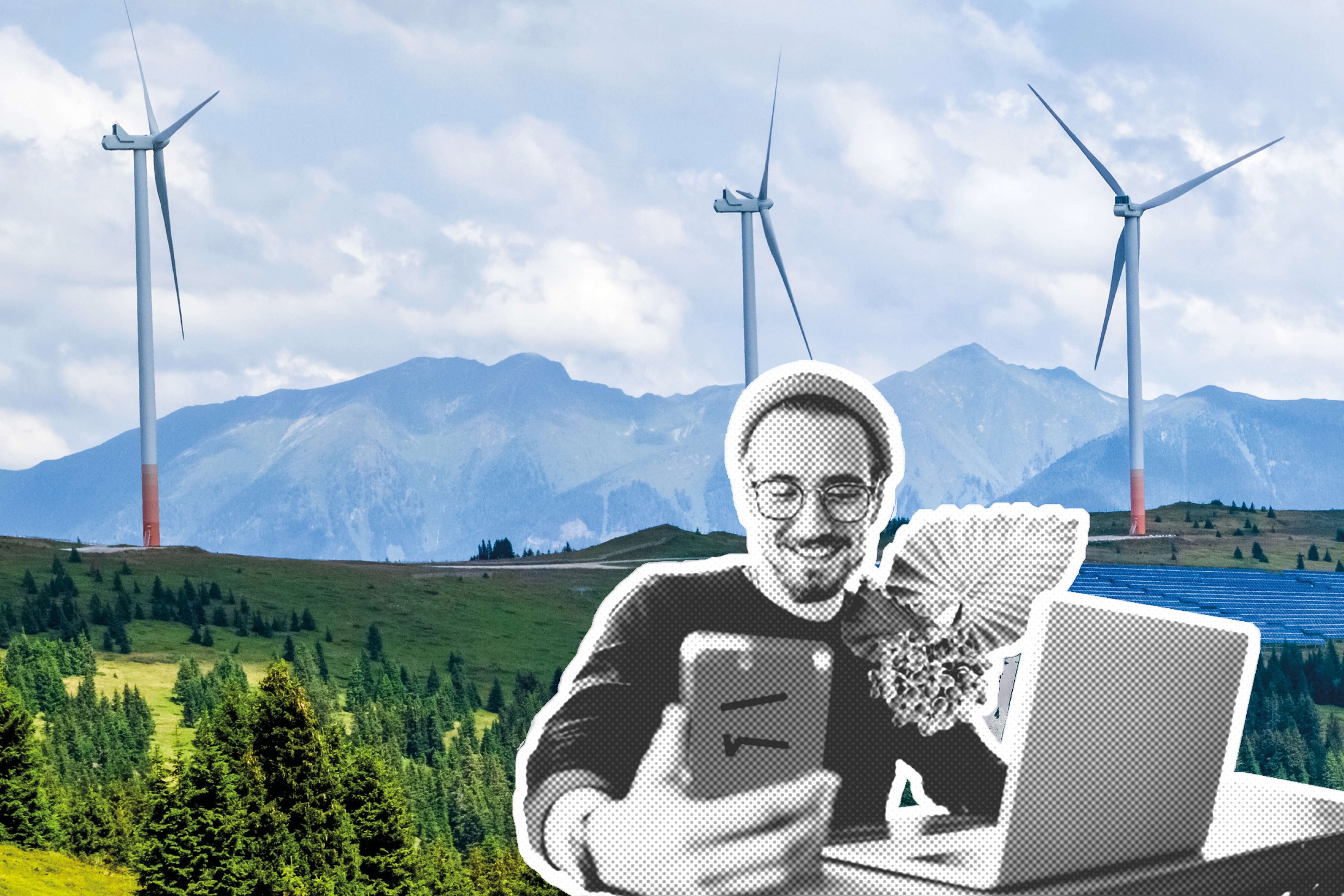 Ein Mann, der ein Smartphone und einen Laptop benutzt, ist über eine Landschaft mit Windrädern, Bäumen und Bergen im Hintergrund gelegt.