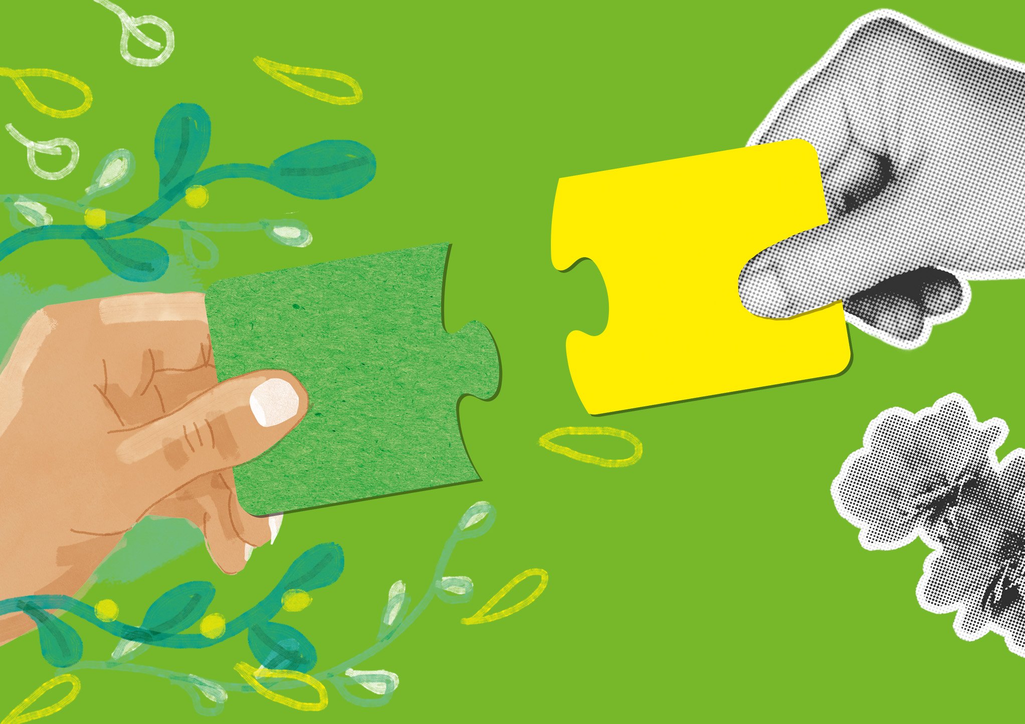 Zwei Hände, eine illustriert und eine fotoähnlich, halten jeweils ein Puzzleteil – eines grün, eines gelb – vor einem grünen Hintergrund mit Blumen- und Blattmustern.