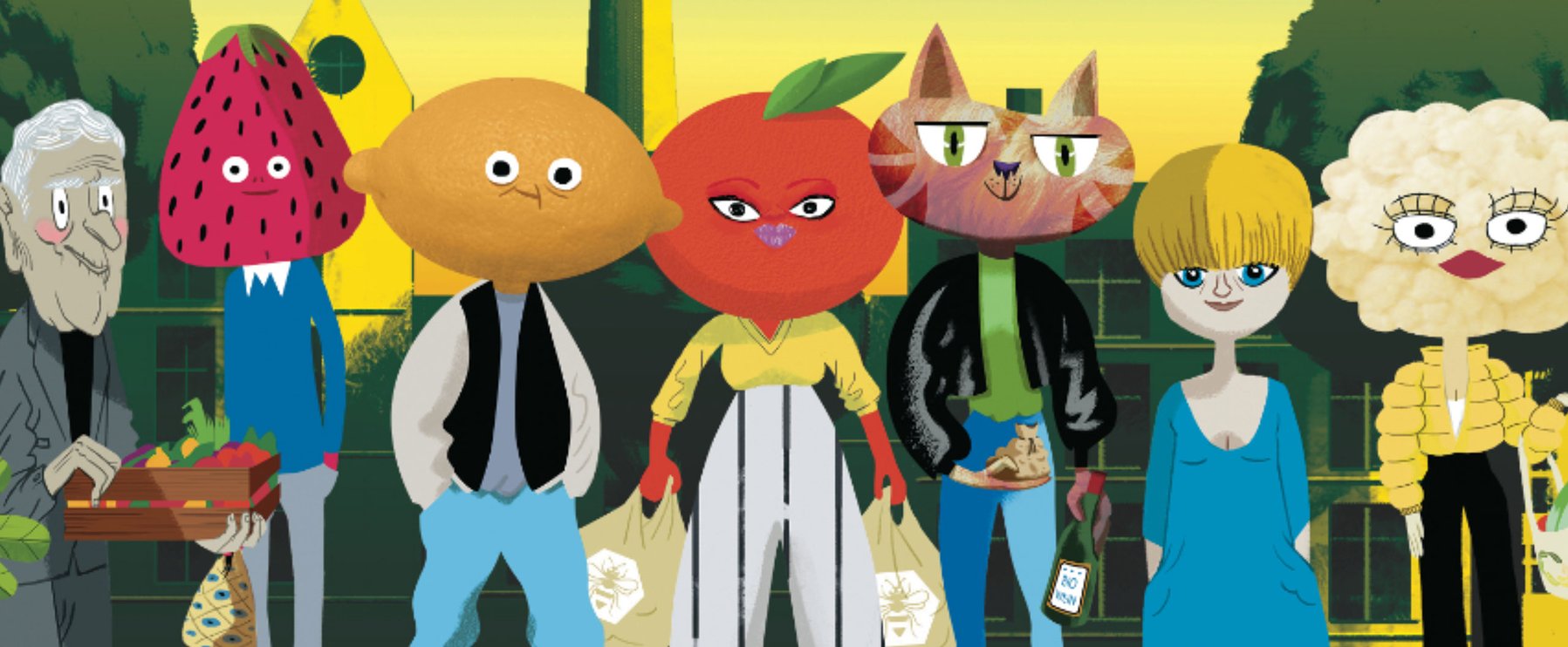Eine Gruppe animierter Figuren mit Obst-, Gemüse- und Tierköpfen steht zusammen, einige halten Taschen; sie sind vor einem grün-gelben Hintergrund zu sehen.