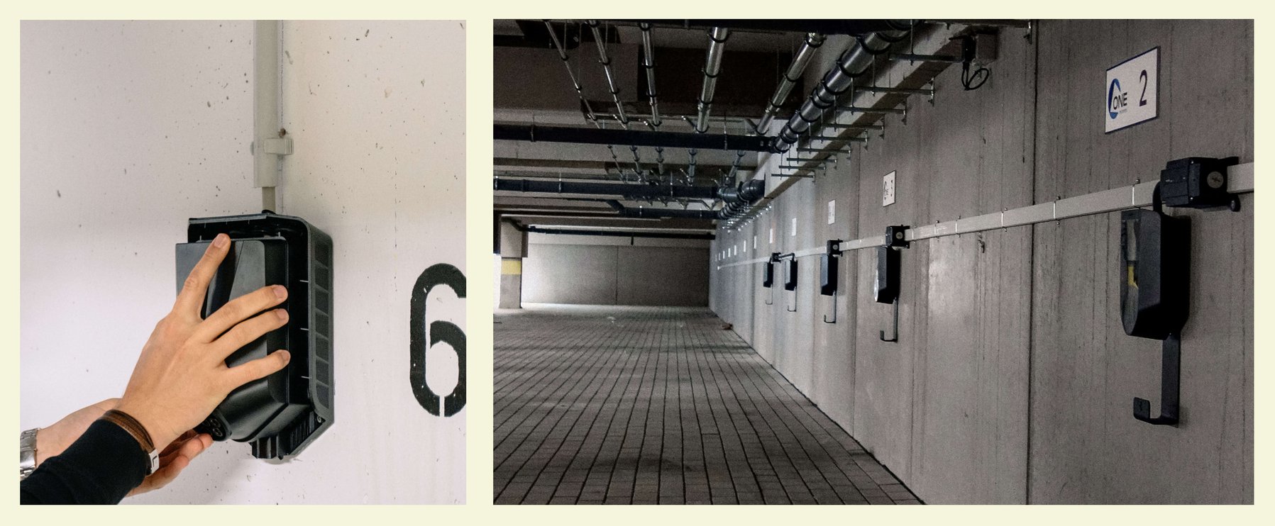 Hand montiert eine Wallbox neben der Nummer 6 an einer Wand; das angrenzende Bild zeigt eine Reihe ähnlicher Wallboxen in einer Tiefgarage.