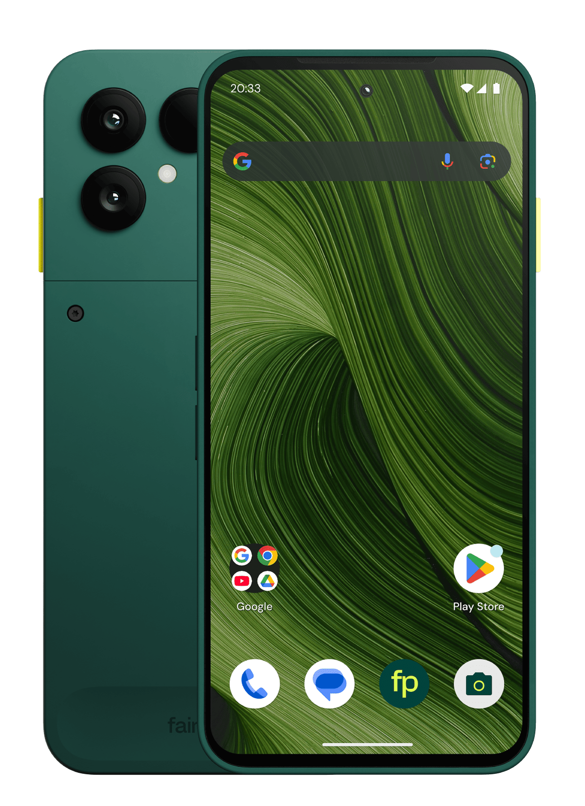 Produktabbildung eines grünen Fairphone 6 von sich überlappender Vorder- und Rückseite