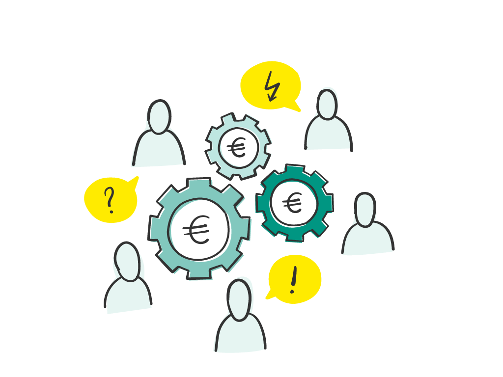 Kommunikation von fünf Personen, die sich um drei Zahnräder mit Euro-Zeichen gruppieren