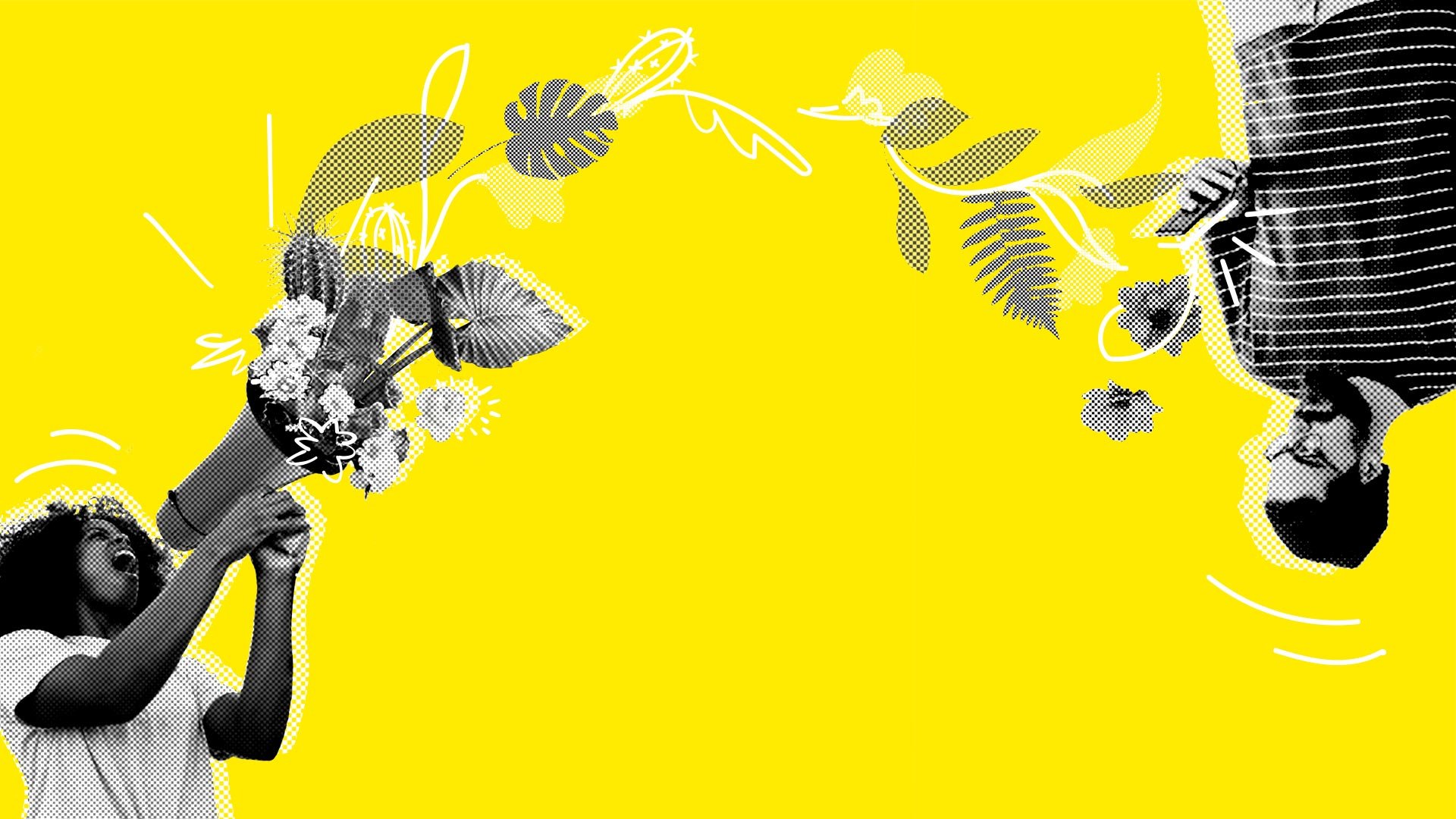 Collage von 2 Personen auf gelbem Hintergrund, eine weibliche Person schreit in ein Megafon in dem Blumen stecken und eine männliche Person, auf dem Kopf steht schaut auf sein Smartphone. Die Personen sind durch eine Pflanzenkette verbunden.