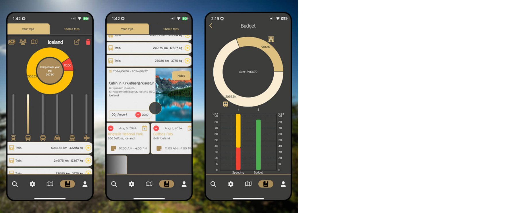 Auf drei Smartphone-Bildschirmen wird eine App zur Reisebudgetplanung angezeigt. Auf den Bildschirmen werden Reiseinformationen, Ausgabenkategorien und eine visuelle Budgetaufschlüsselung mit Diagrammen und Listen angezeigt.