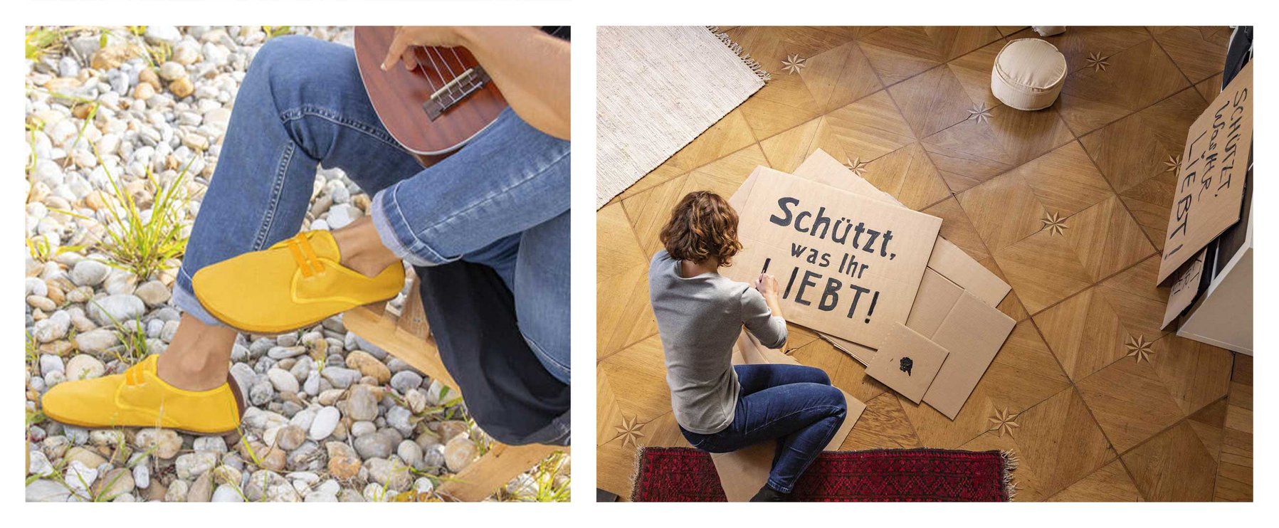 Links: Person mit leuchtend gelben Schuhen spielt eine Gitarre. Rechts: Person malt den Text "Schützt was ihr liebt" auf ein Pappschild auf einem Holzboden.