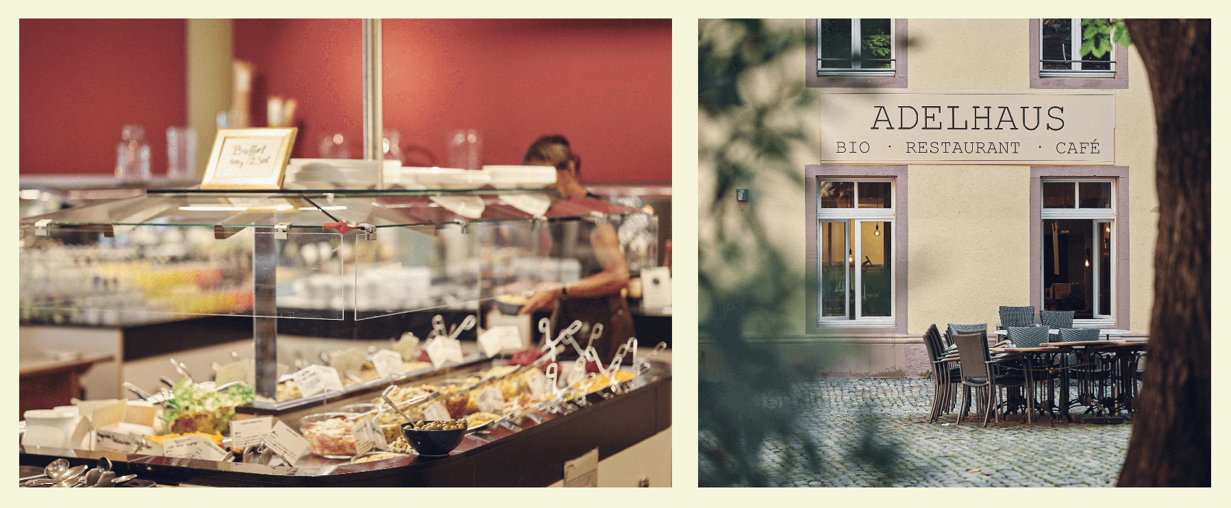 Links Buffet mit diversem Geschirr und Besteck, rechts Außenansicht eines Gebäudes mit der Aufschrift „Adelhaus“ mit Tischen und Stühlen.