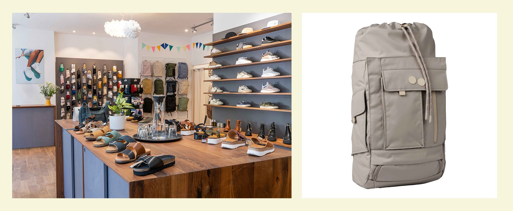 Die Inneneinrichtung eines Schuhgeschäfts mit einem hölzernen Ausstellungstisch und Wandregalen voller Schuhe auf der linken Seite; auf der rechten Seite ist ein beiger Rucksack zu sehen.
