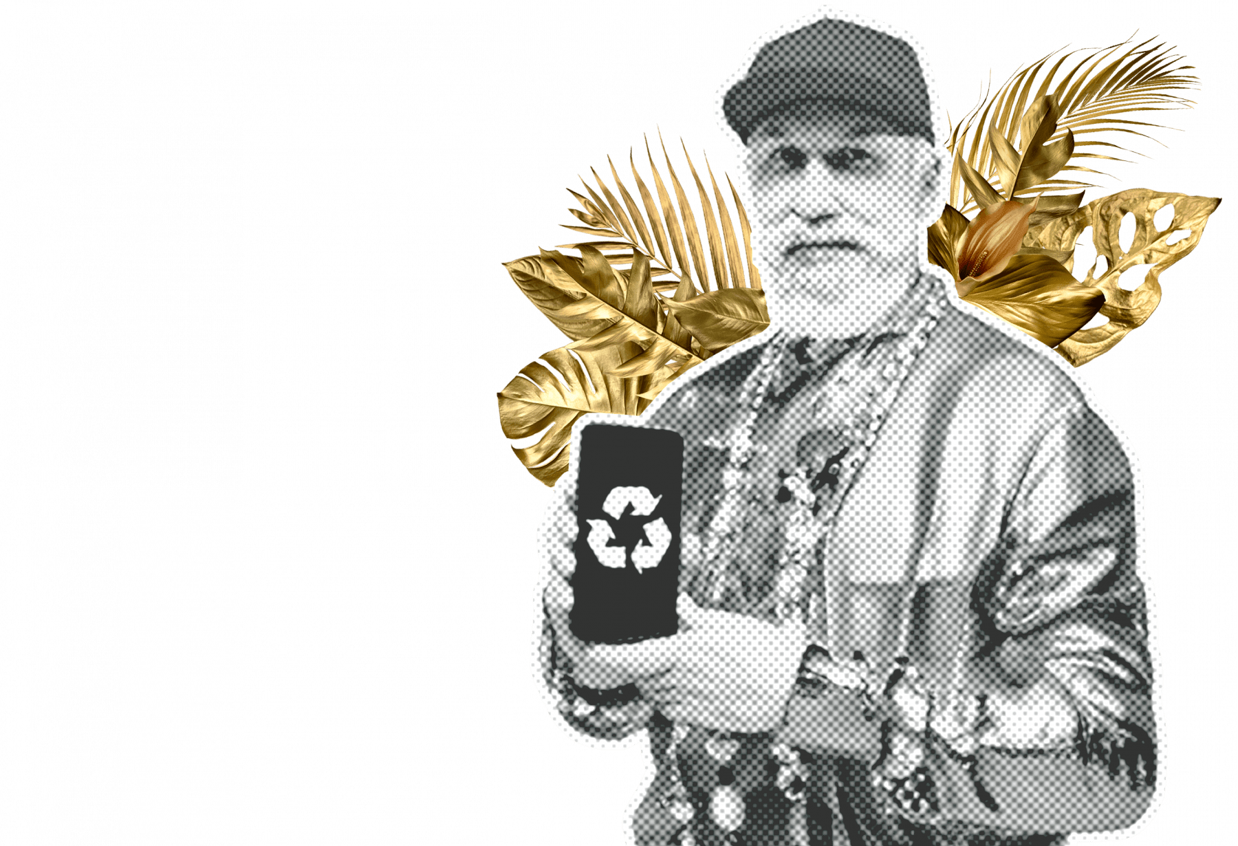 Person, die ein Gerät mit einem Recyclingsymbol hält, umgeben von goldenen Blättern.