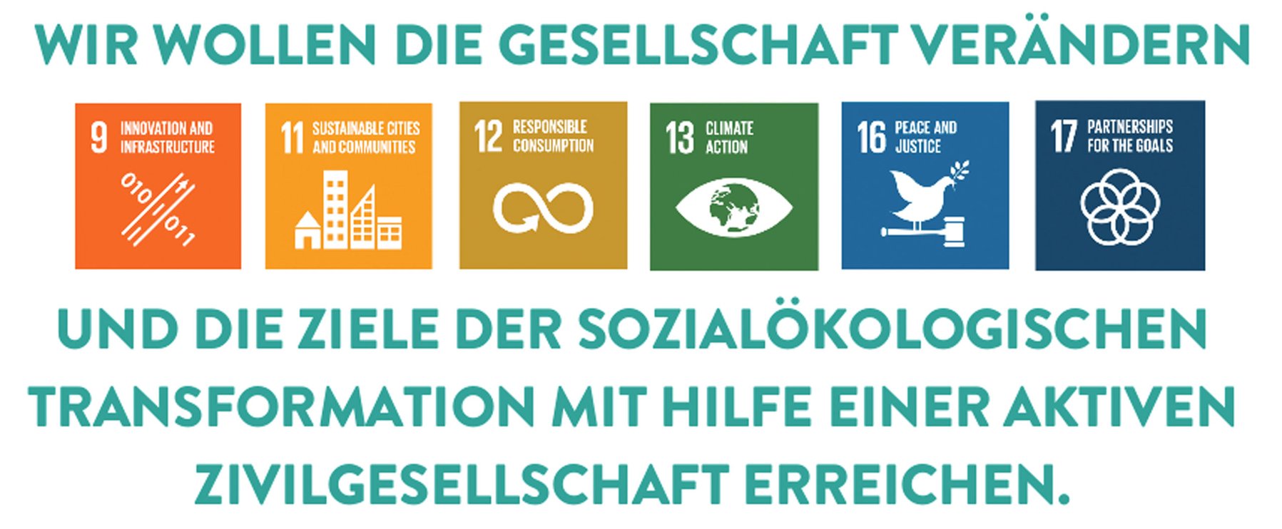 Text zur Förderung der Ziele einer sozial-ökologischen Transformation mit Symbolen der Nachhaltigen Entwicklungsziele (SDG) für Innovation, nachhaltige Städte, verantwortungsvollen Konsum, Maßnahmen zum Klimaschutz, Frieden, Gerechtigkeit und Partnerschaf