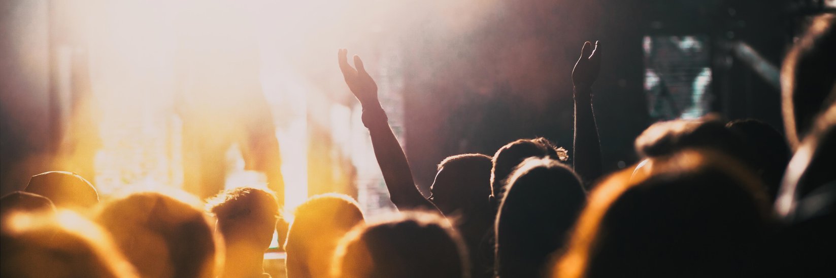 Spotlight, Menschenmenge bei einem Event, von warmem Licht erleuchtet, mit erhobenen Händen