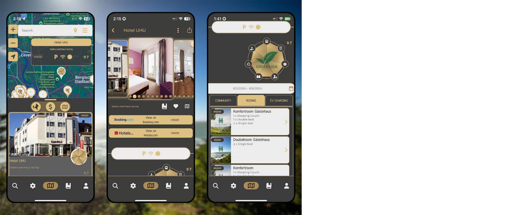 Auf drei Smartphone-Bildschirmen wird die Benutzeroberfläche einer Hotelbuchungs-App angezeigt, auf der eine Karte, Hoteldetails und Benutzerprämien dargestellt werden.