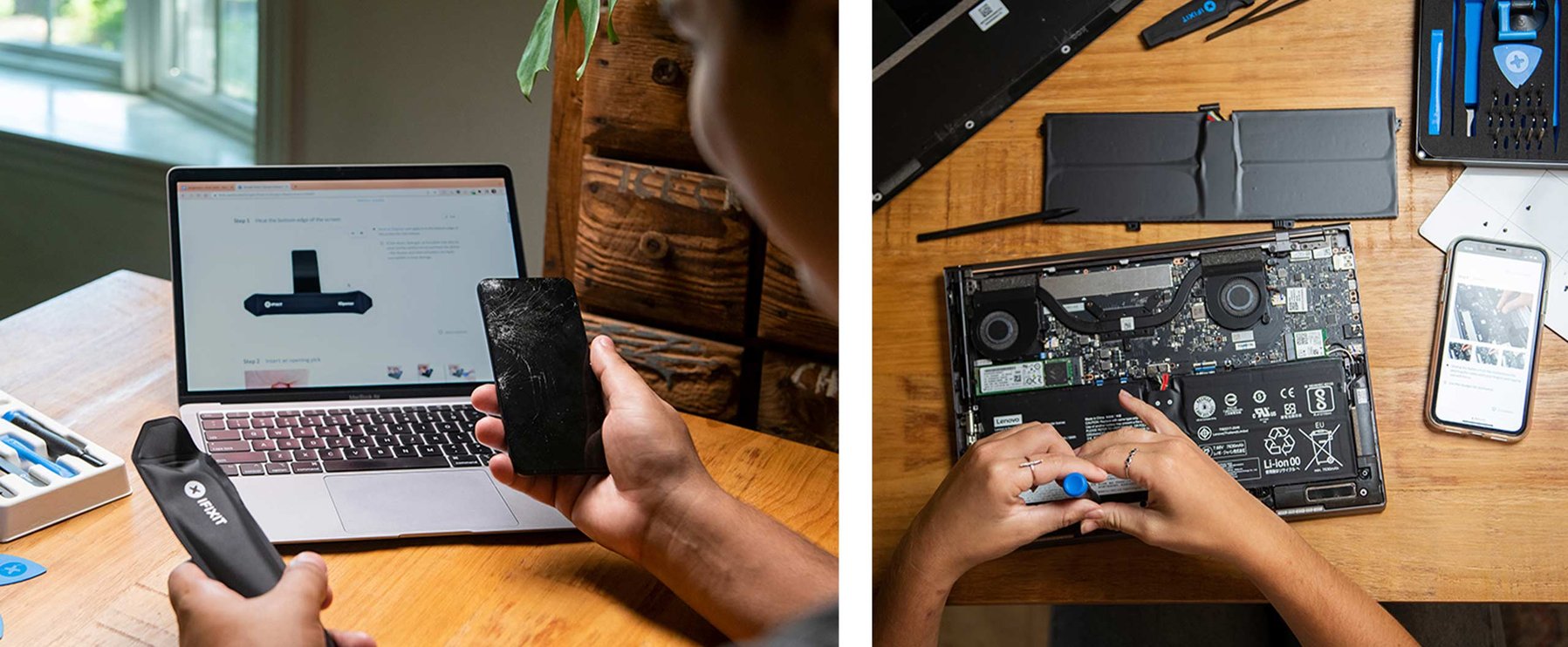 Eine Person hält ein Smartphone und ein Reparaturwerkzeug neben einem Laptop; eine andere Person repariert ein Gerät mit Werkzeugen und einer Anleitungs-App auf dem Telefon.