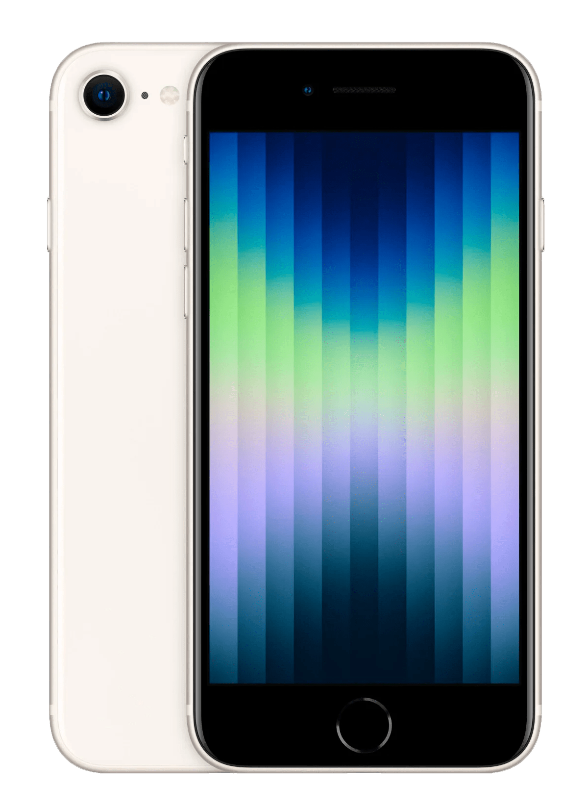 Produktbild des iPhone SE (2022) in weiß, von vorne und hinten sich überlappend abgebildet