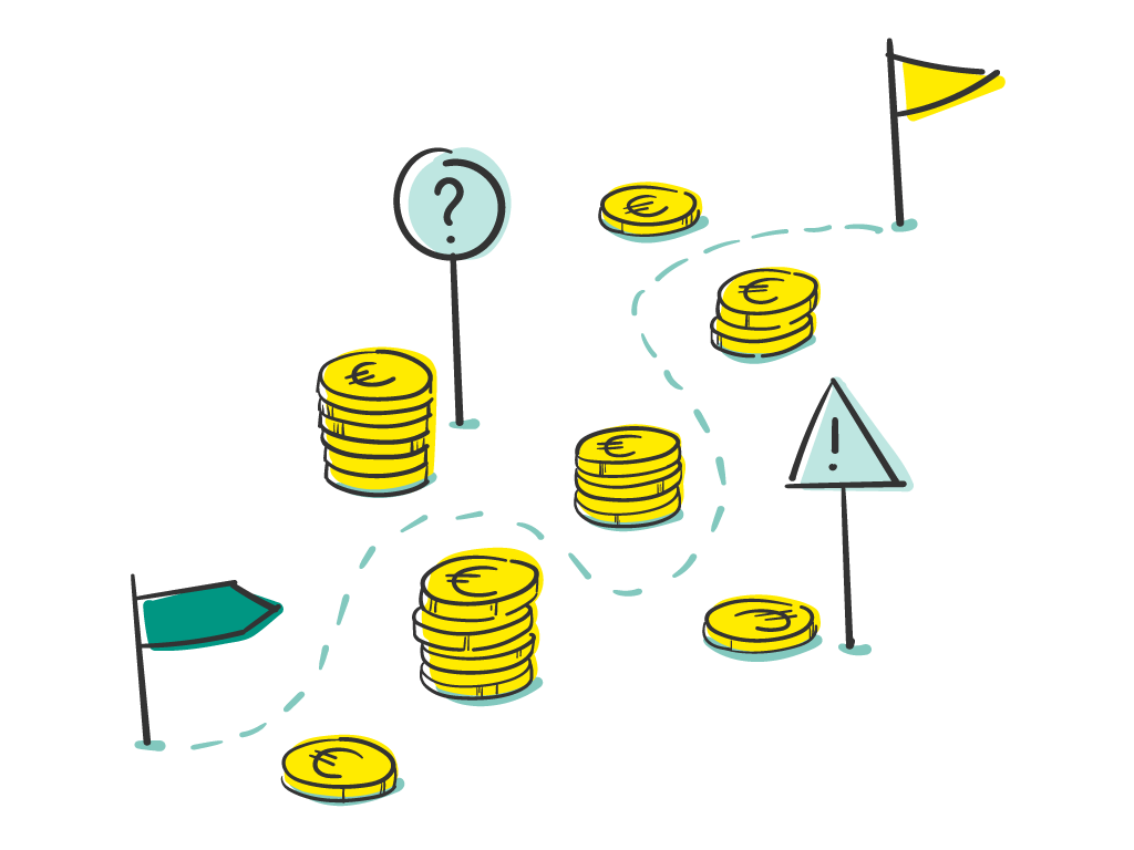 Ein gezeichneter Weg, der sich an Geldmünzen vorbei zu einer Zielfahne schlängelt