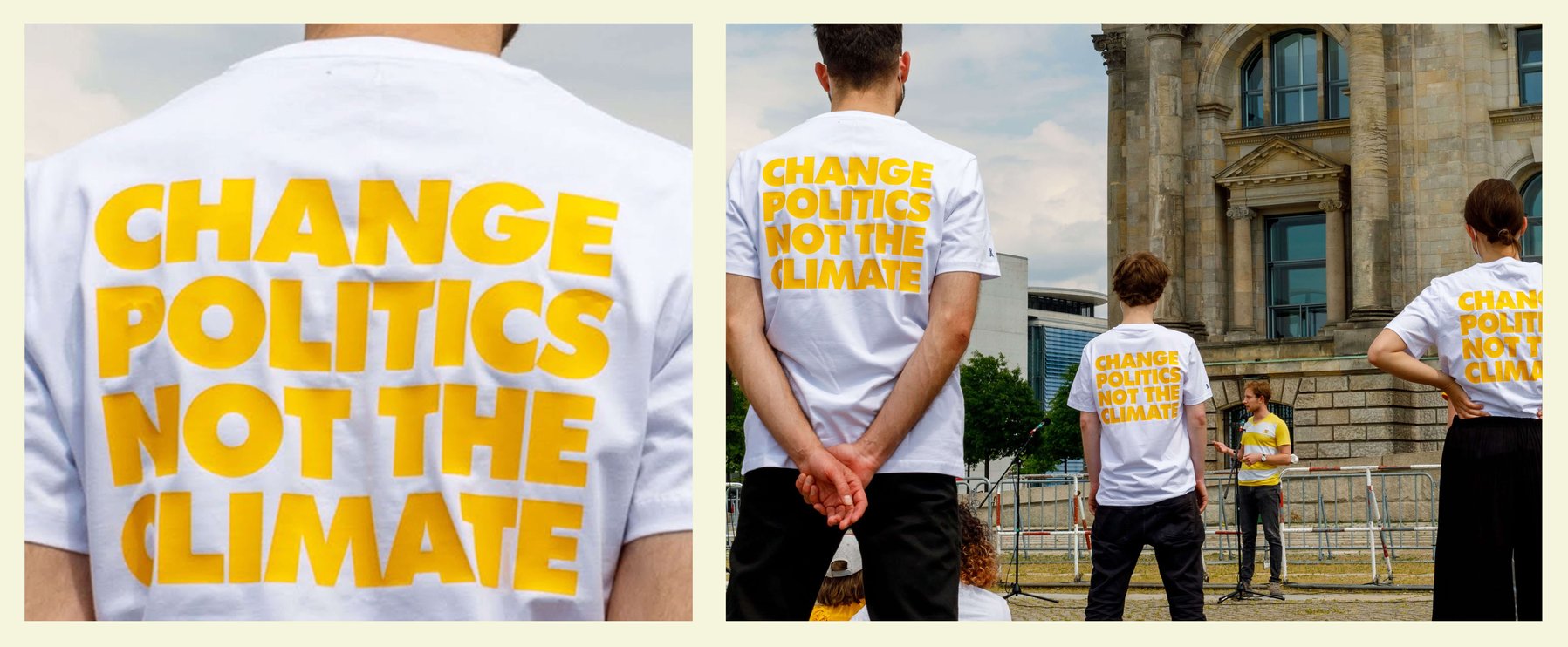 Menschen in weißen T-Shirts mit der gelben Aufschrift „Ändert die Politik, nicht das Klima“ versammeln sich in der Nähe eines historischen Gebäudes.