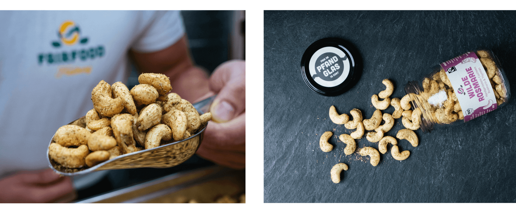 Links hält eine Person eine Kugel gewürzter Cashews. Rechts liegen verschüttete Cashews aus einem Glas mit der Aufschrift „Wilde Rosmarie“ neben einem Deckel mit der Aufschrift „Pfand Glas“.