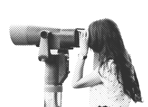 Illustration einer Person, die durch ein großes Fernglas schaut.