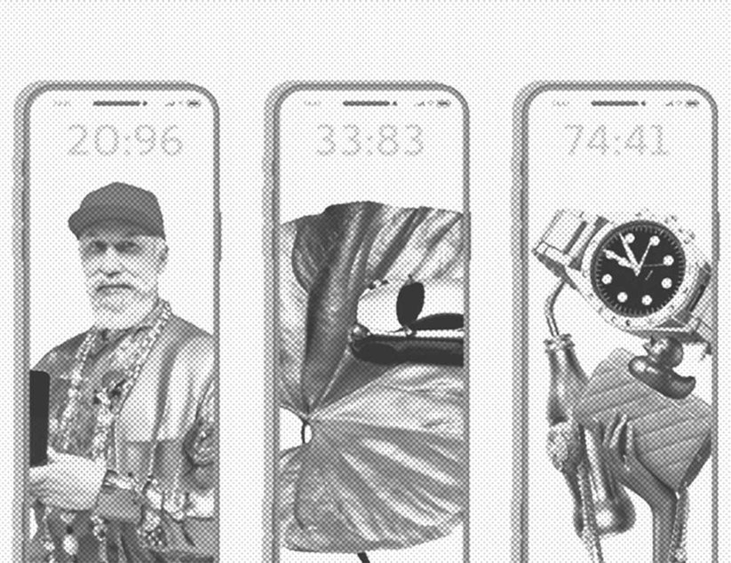 Auf drei Smartphones werden unterschiedliche Bilder angezeigt: eine Person mit Mütze, die Nahaufnahme eines Blattes mit Tropfen und eine Armbanduhr mit Ketten. Oben auf jedem Bildschirm erscheinen Zahlen.