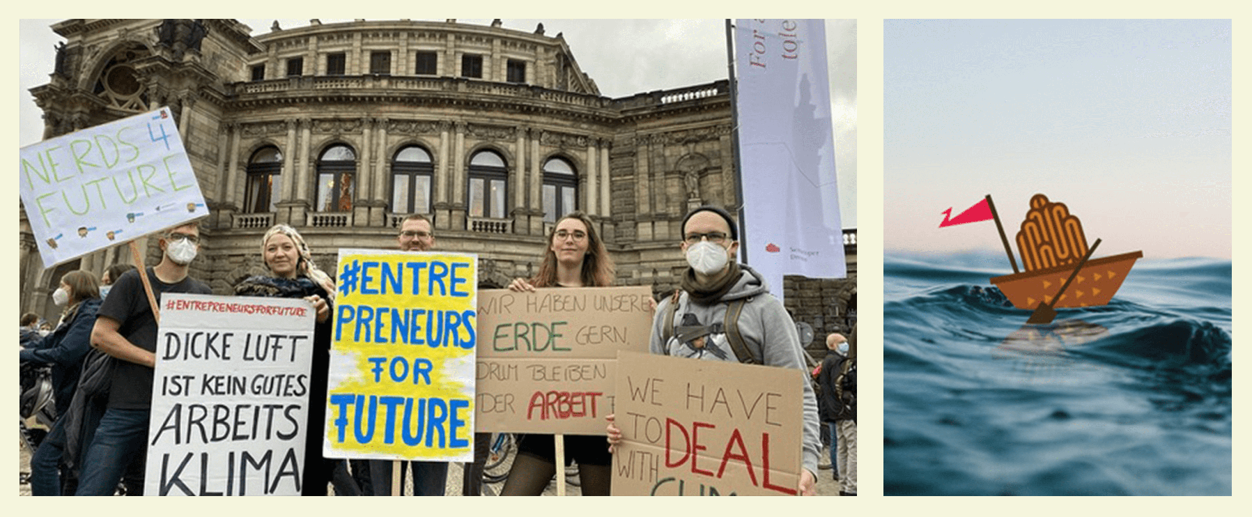 Menschen mit Protestschildern zum Thema Klima und Arbeit versammeln sich vor einem historischen Gebäude; das nebenstehende Bild zeigt ein kleines Boot auf Wellen.