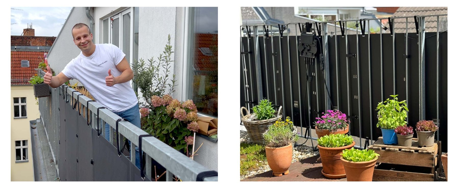 Links: Ein Mann im weißen Hemd zeigt auf einem Balkon mit Pflanzen den Daumen nach oben; Rechts Topfpflanzen auf einem Balkon mit Solarmodulen am Geländer.