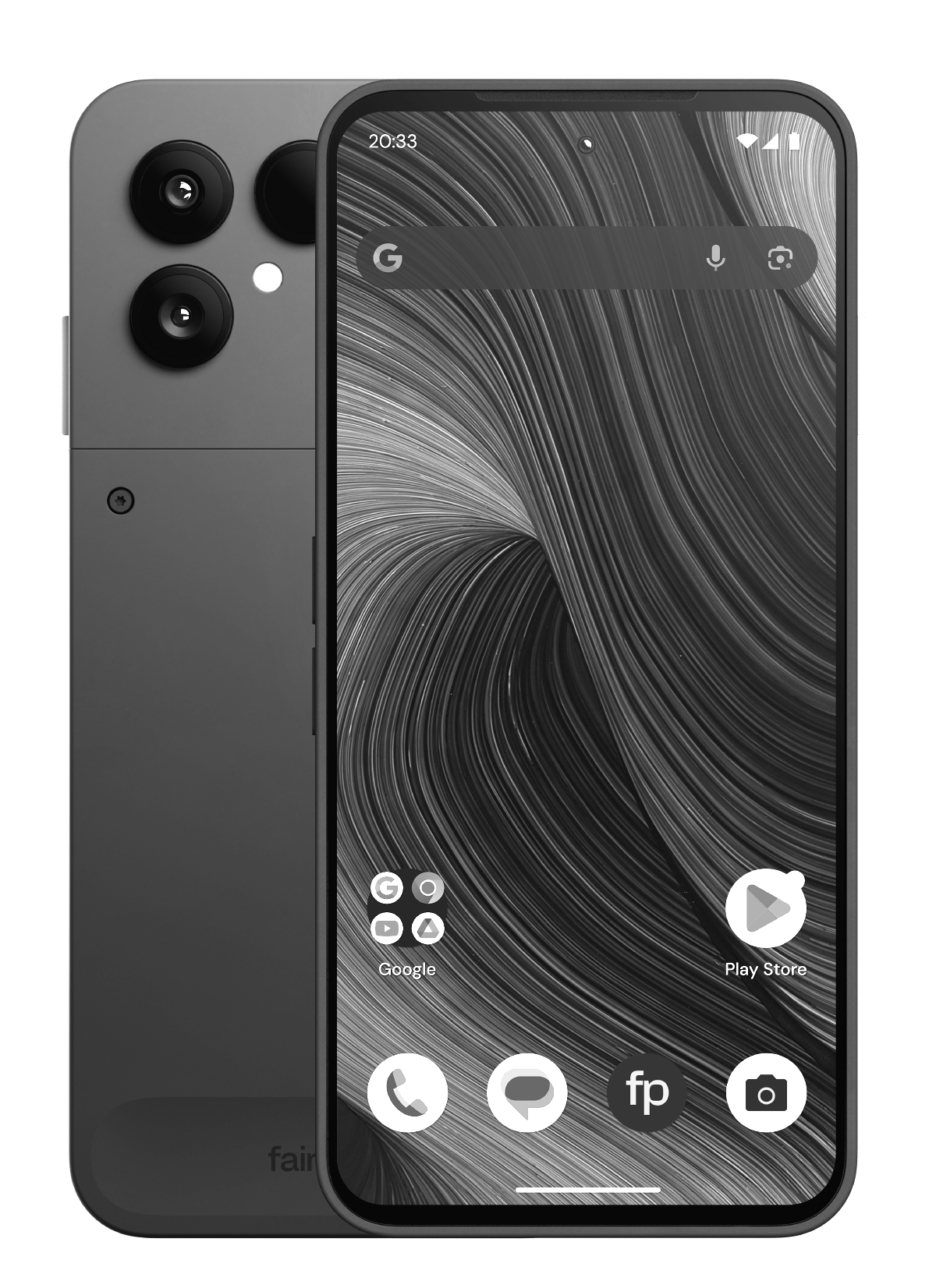 Produktabbildung eines Fairphone 6 von sich überlappender Vorder- und Rückseite. Die Abbildung ist schwarz-weiß.