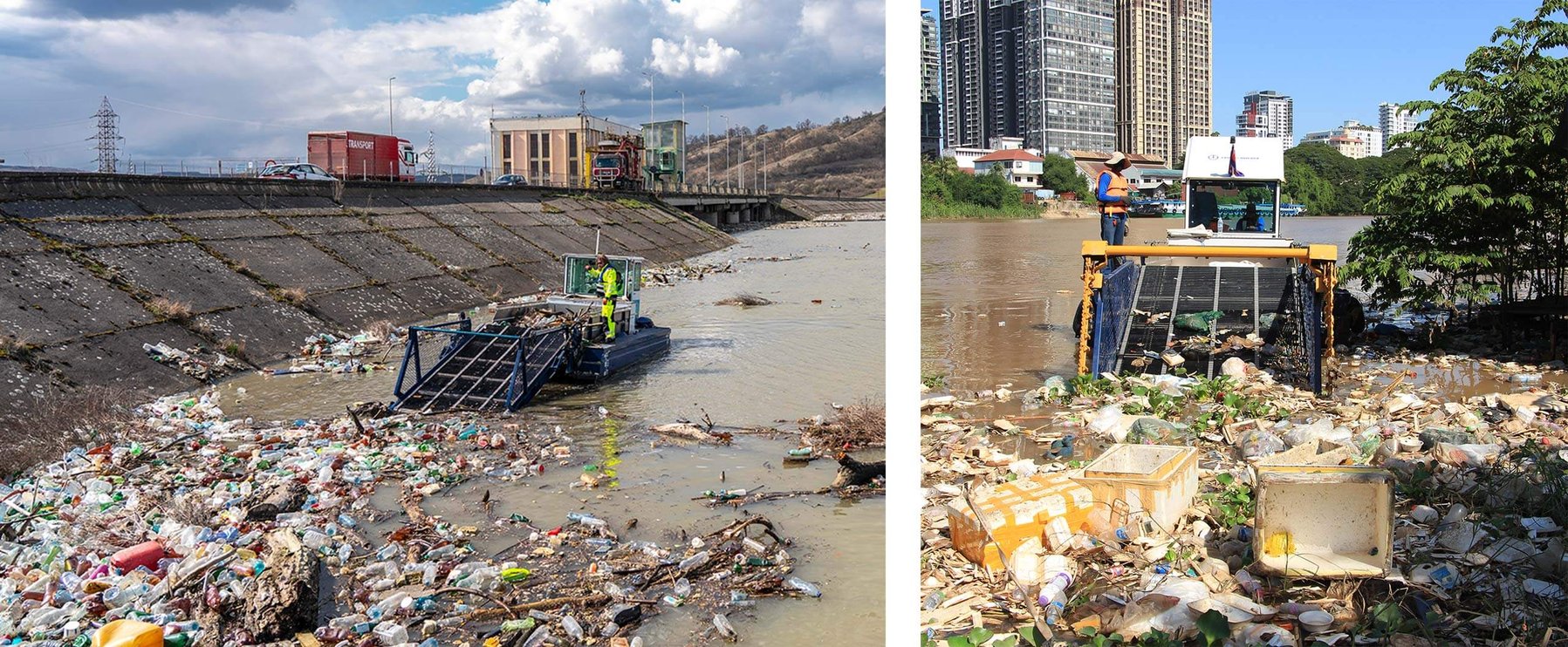 Zwei Bilder zeigen einen Fluss, der mit schwimmendem Müll und Schutt verstopft ist. Eine Maschine räumt den Müll in der Nähe eines Stadtgebiets weg, im Hintergrund sind Gebäude und eine Brücke zu sehen.