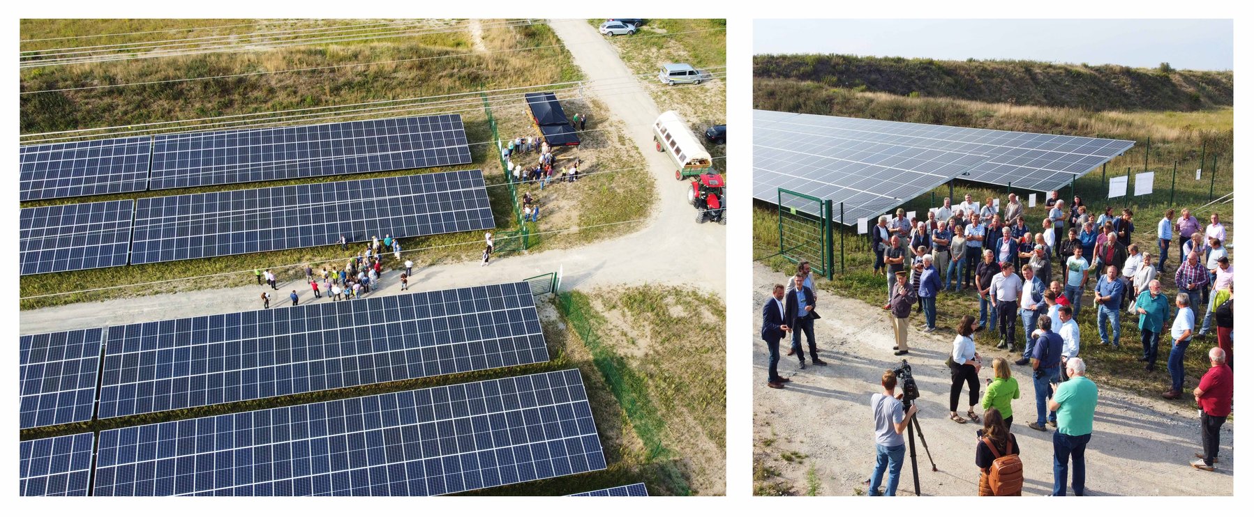 Luftaufnahme einer großen Solaranlage mit Menschen, die sich in der Nähe versammelt haben. Ein anderes Bild zeigt eine Gruppe von Menschen, die neben den Solarmodulen stehen und einem Redner zuhören.