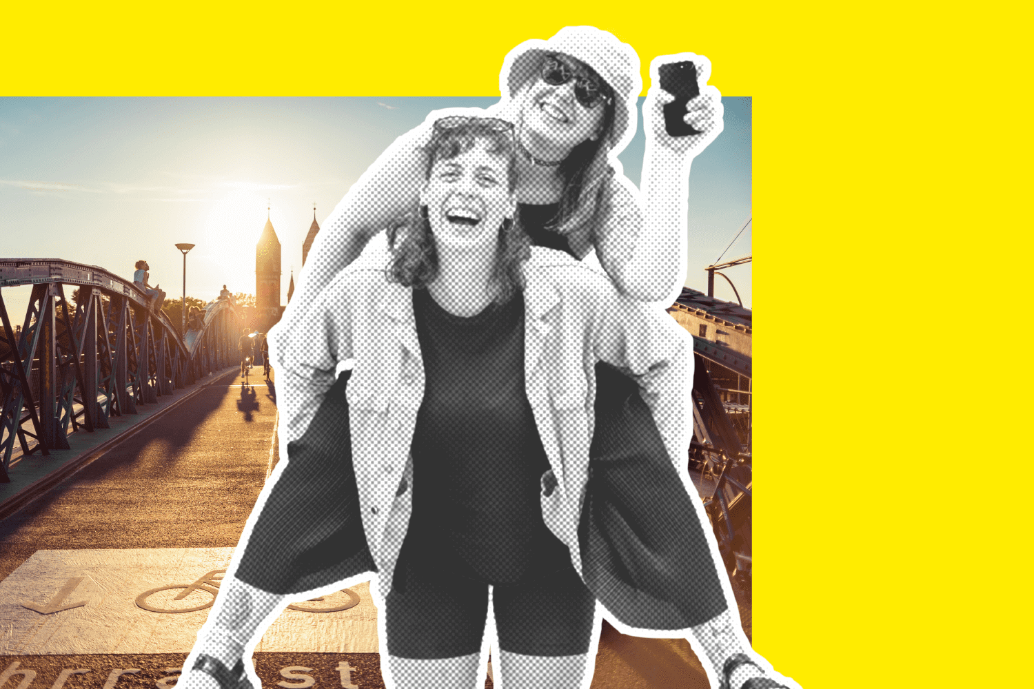 Zwei lachende und vergnügte Menschen, wobei einer den anderen Huckepack trägt. Sie sind übereinandergelegt auf einem Hintergrund mit einer sonnigen Brückenszene mit leuchtend gelbem Rand.