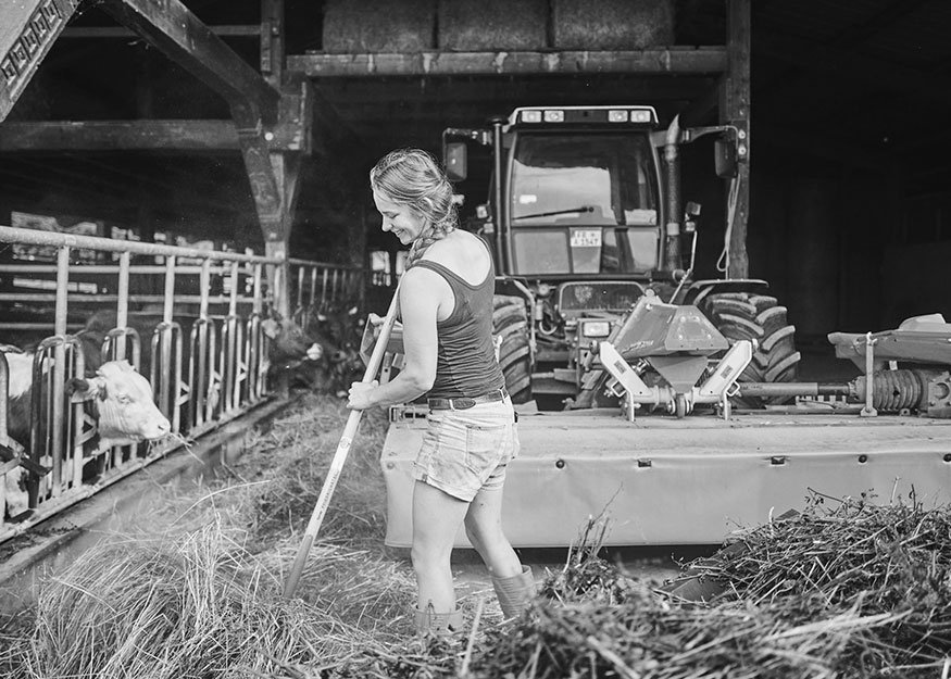 Eine Person in Shorts und Stiefeln schaufelt Heu in einer Scheune, links sind Kühe und im Hintergrund ein Traktor zu sehen.