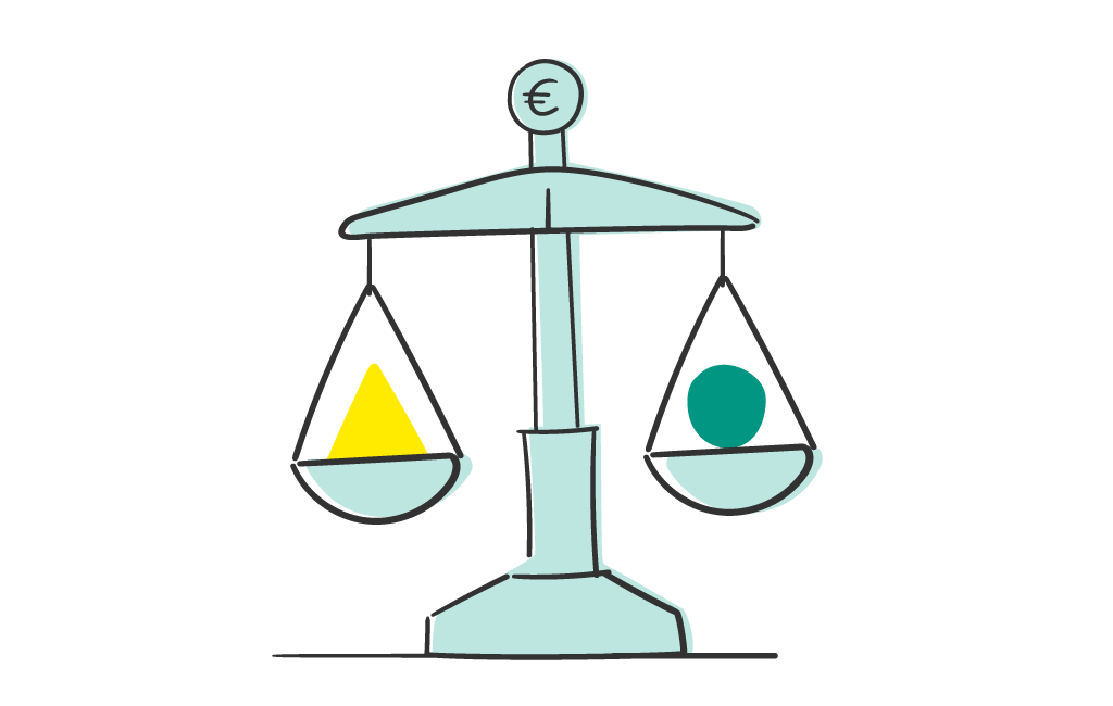 Mittig ausgeglichene Waage, auf deren Waagschalen links ein gelbes Dreieck und rechts ein grüner Kreis liegt