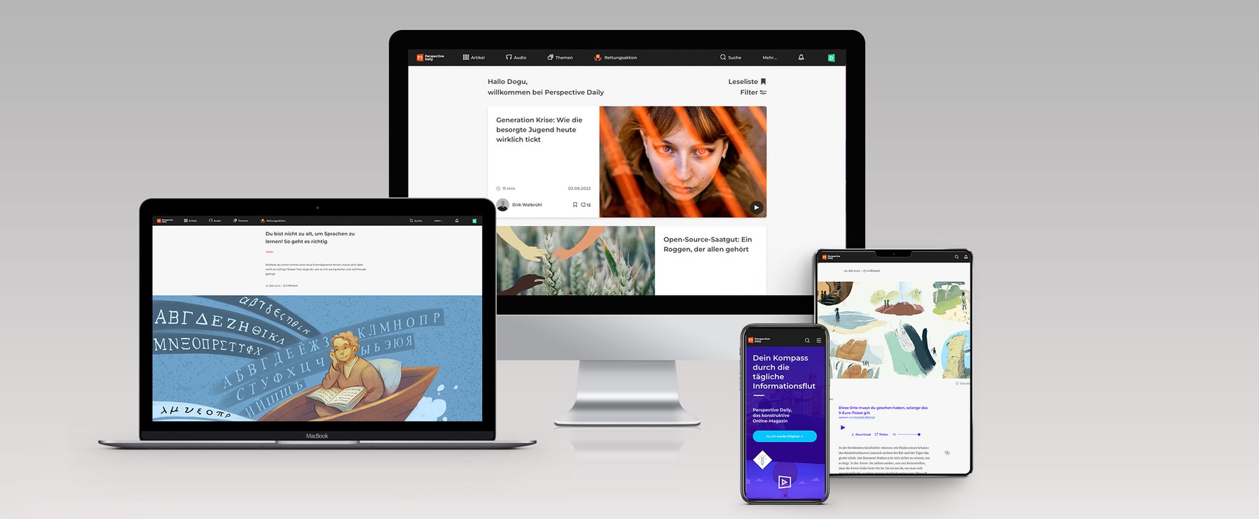 Auf einem Desktop, Laptop, Tablet und Smartphone wird die Perspective Daily Webseite mit Text und Bildern angezeigt und das responsive Design wird geräteübergreifend auf einem einfachen Hintergrund präsentiert.