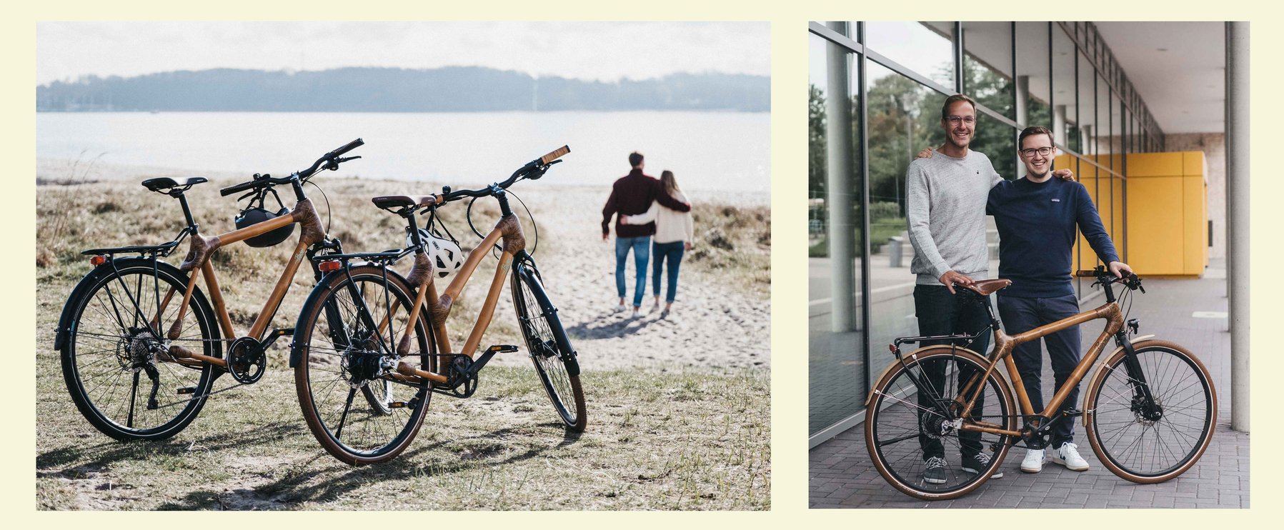 Links stehen zwei Bambusfahrräder auf einer Rasenfläche am Strand, rechts stehen zwei Personen neben einem Bambusfahrrad in einer städtischen Umgebung.