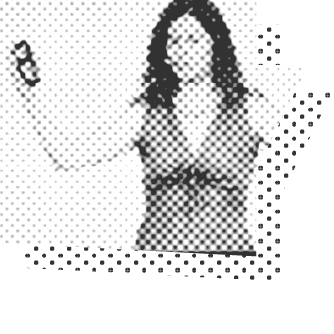 Halbtonbild einer stehenden Person, die einen Gegenstand in einer Hand hält, mit einem gemusterten Rand am rechten und unteren Rand.