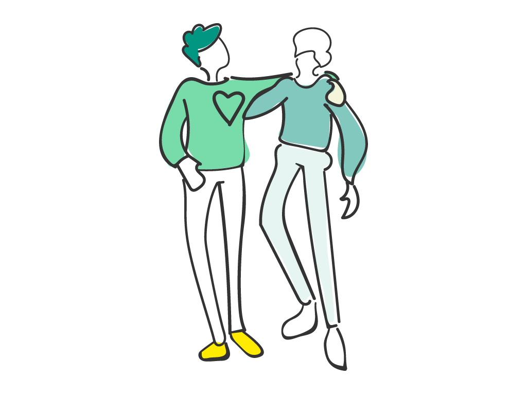 Eine Illustration von zwei Menschen, die nebeneinander stehen und die Arme umeinander gelegt haben. Einer trägt ein Herz auf dem Shirt, beide tragen helle Hosen.