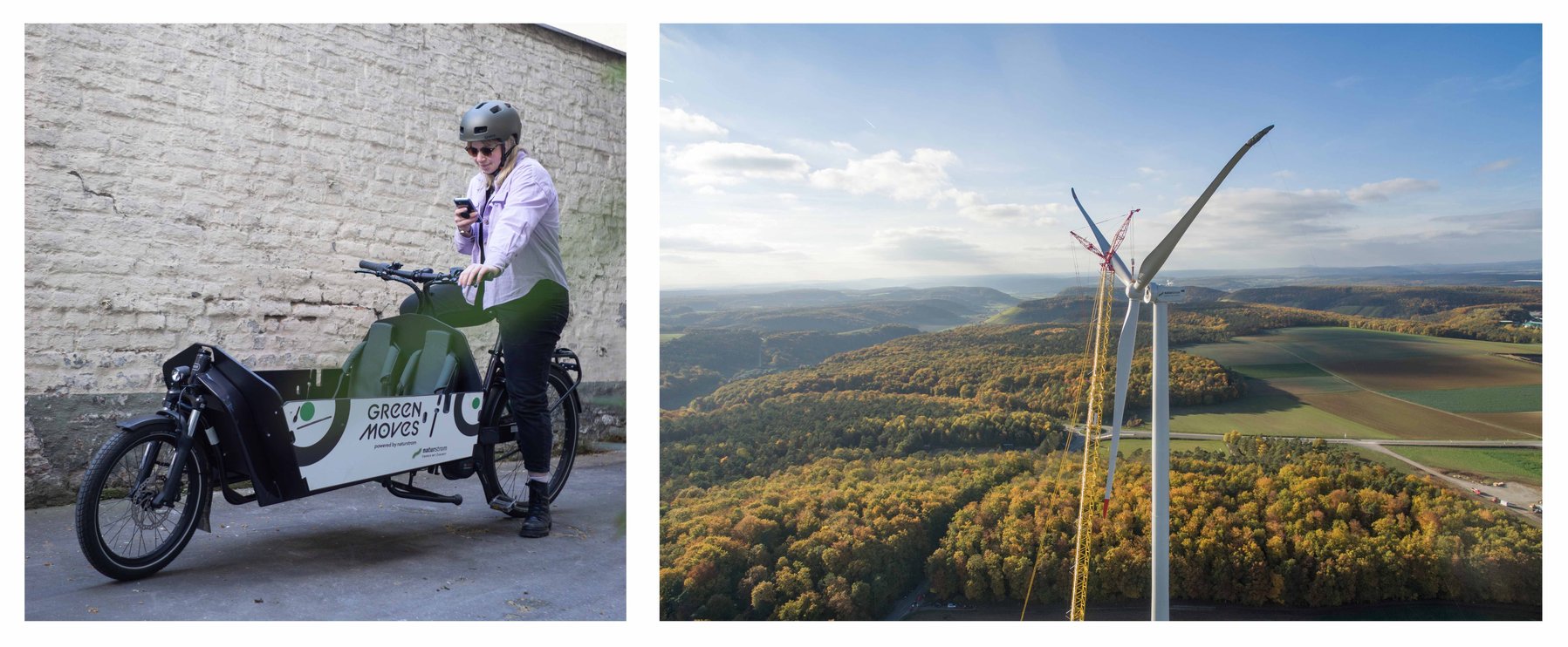 Person auf einem Lastenfahrrad mit „Green Moves“-Logo, trägt einen Helm und bedient ein Smartphone. Rechts: Luftaufnahme einer Windkraftanlage in einer hügeligen Landschaft mit Feldern und Wäldern.