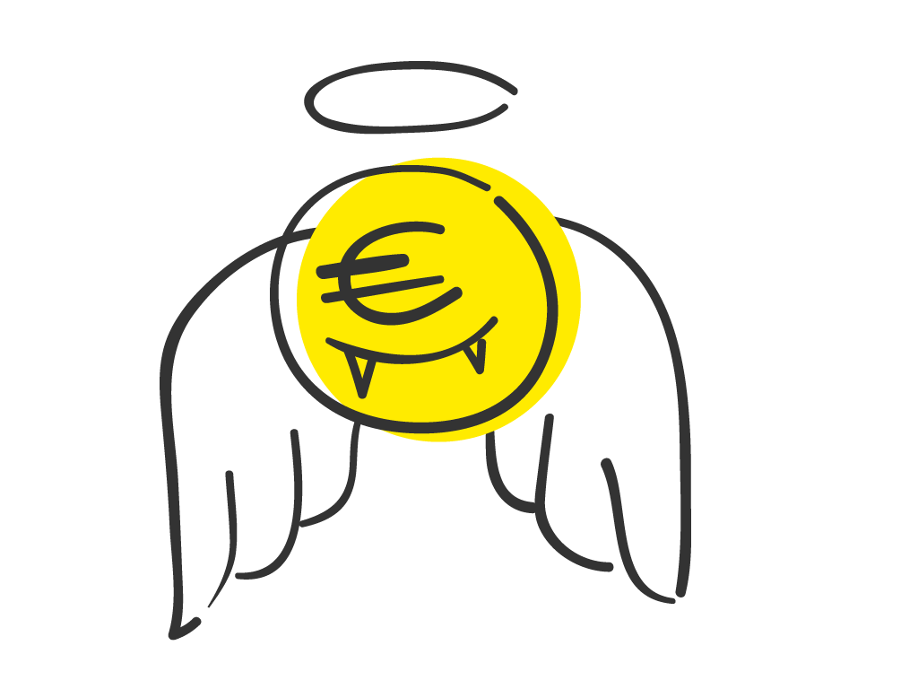 Eine gelbe Münze mit einem Eurosymbol, Reißzähnen, Engelsflügeln und einem Heiligenschein, illustriert im Cartoon-Stil.