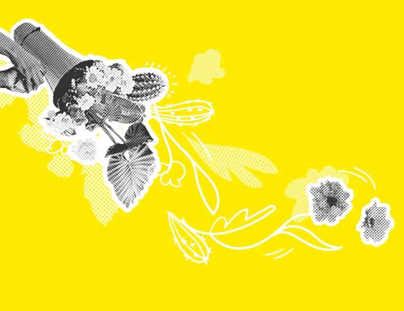 Vor einem gelben Hintergrund sieht man zwei Hände, die ein Megafon ins Bild halten, aus dem Blumen wachsen.