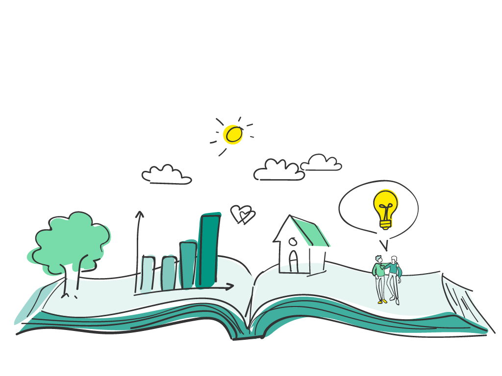 Illustration eines offenen Buches mit Zeichnungen eines Baums, Balkendiagrammen, eines Hauses, einer Sonne, Wolken und zwei Personen mit einer Glühbirne in einer Sprechblase.