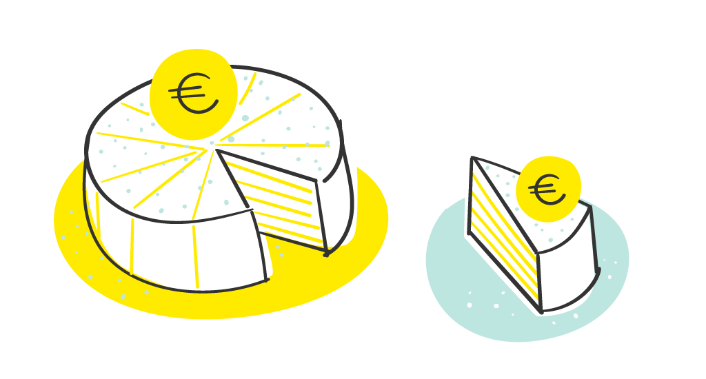Eine angeschnittene Torte, darauf ein Euro-Zeichen, daneben ein Teller mit einem Stück Torte mit Euro-Zeichen